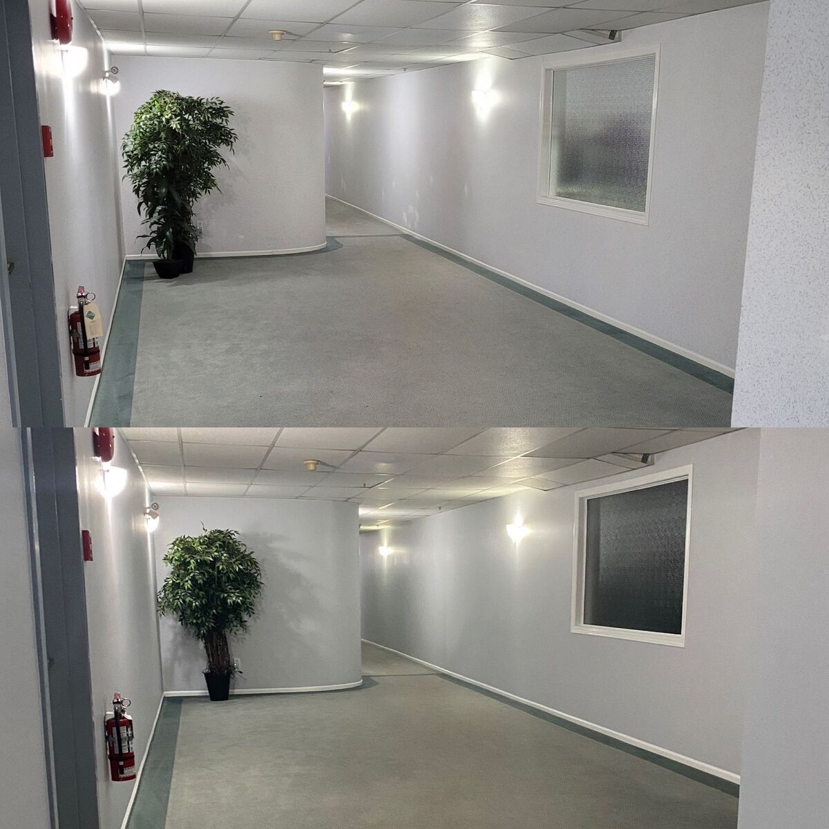 Commercial corridor before and after — Davor's Painting transformed a scuffed white hallway with mottled walls into a clean, freshly-painted off-white space.